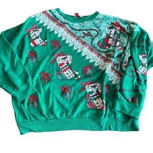 80s Vintage NutCracker Green White Faux Lace Stocking Christmas Sweatshirt xl